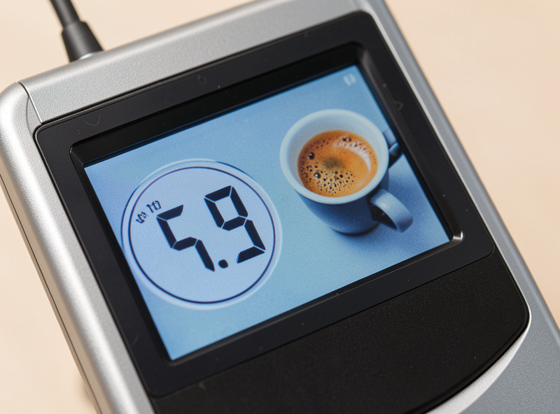 Digital refractometer showing a TDS percentage reading next to a freshly pulled espresso shot