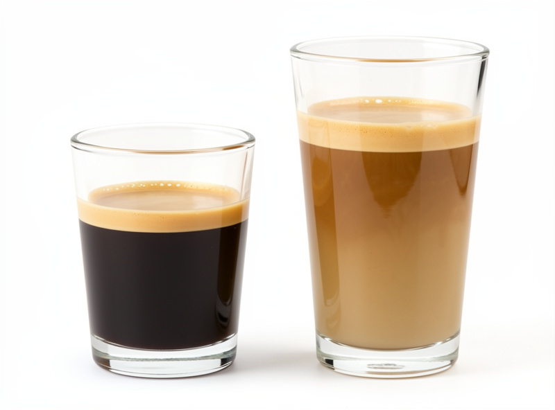 Two espresso shots of different lengths side by side showing different concentrations