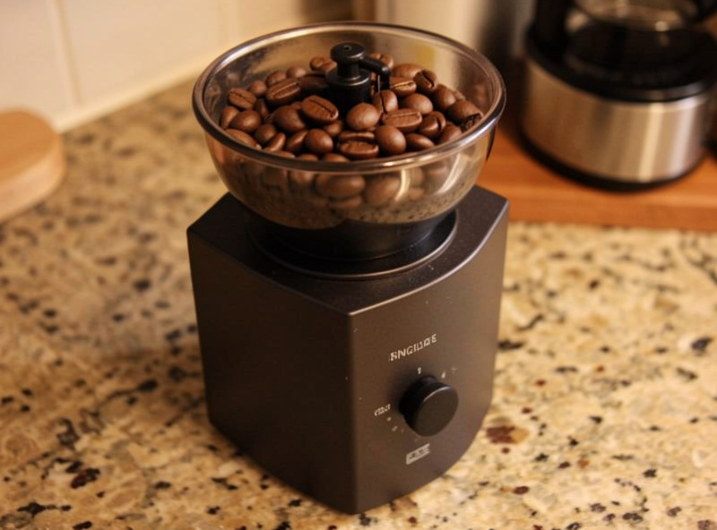 A flat burr single dose espresso grinder on a counter with fresh coffee beans in the hopper