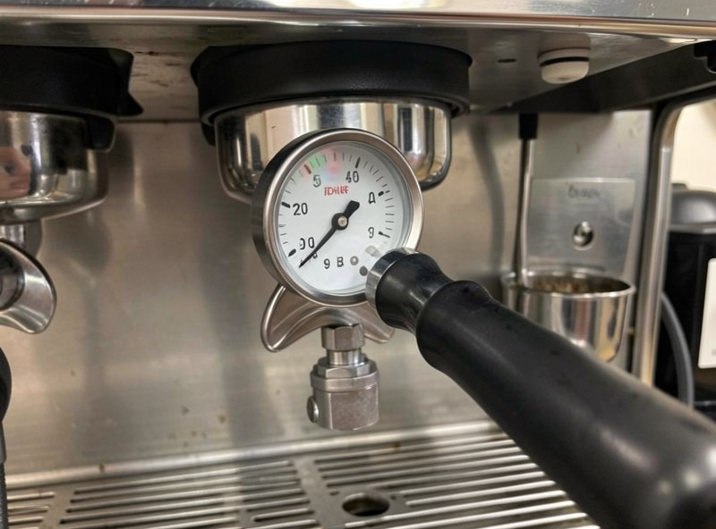 A pressure gauge portafilter on an espresso machine group head with the needle near nine bar