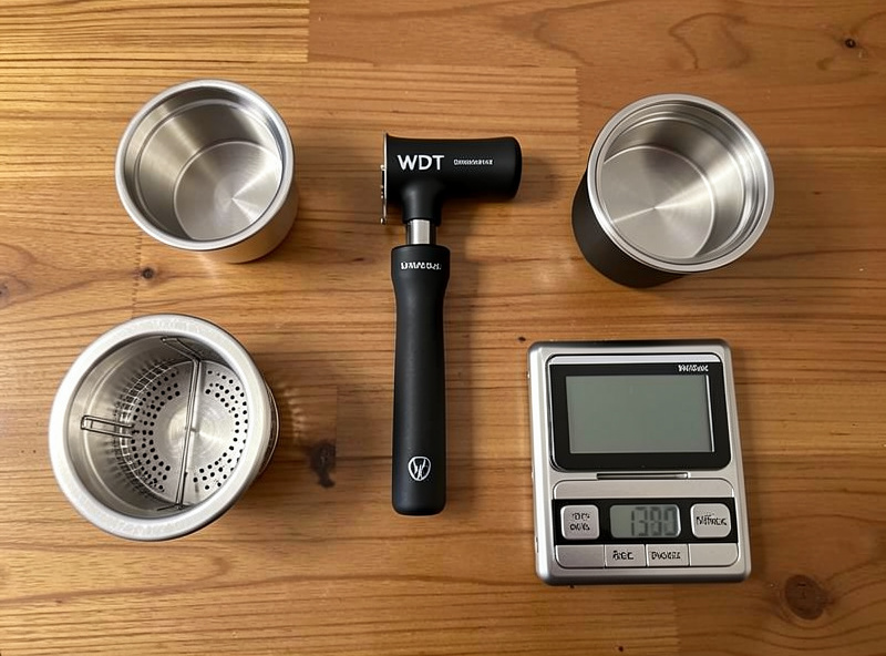 Espresso bench accessories laid out: a WDT tool, a precision filter basket and a small digital scale