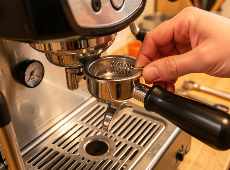 Hand adjusting the OPV spring inside an opened single boiler espresso machine with a pressure gauge portafilter attached