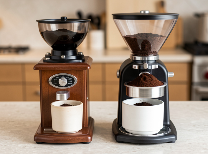 A single dose flat burr grinder and a conical workhorse grinder side by side with ground coffee in dosing cups