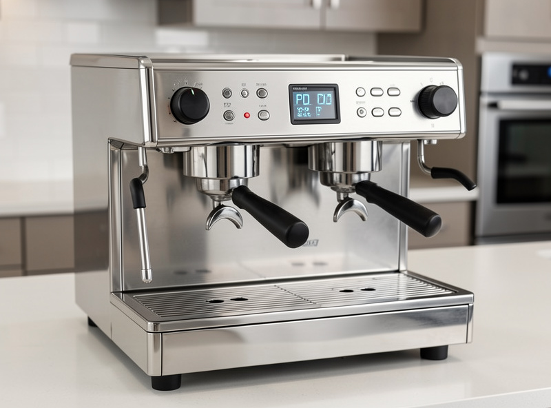 A dual boiler espresso machine with a PID temperature display, steam wand and group head visible on a kitchen counter