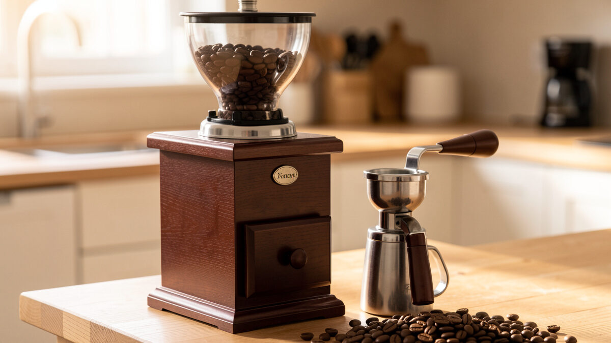 Espresso grinder with flat burrs beside a bottomless portafilter and 0.1-gram scale on a home barista counter