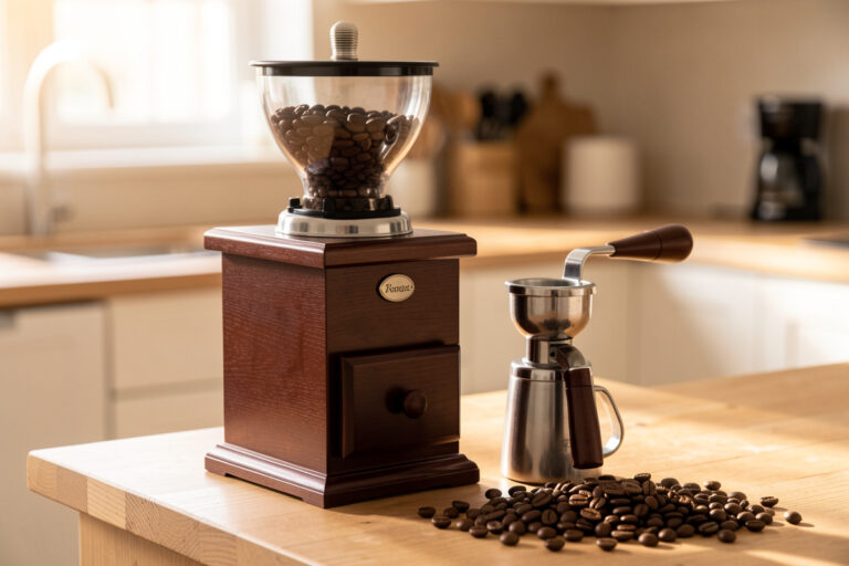 Espresso grinder with flat burrs beside a bottomless portafilter and 0.1-gram scale on a home barista counter