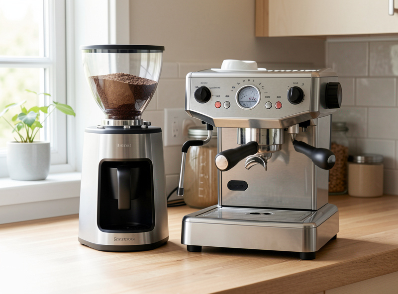 An espresso grinder beside a single-boiler espresso machine on a home counter, illustrating that the grinder matters more than the machine