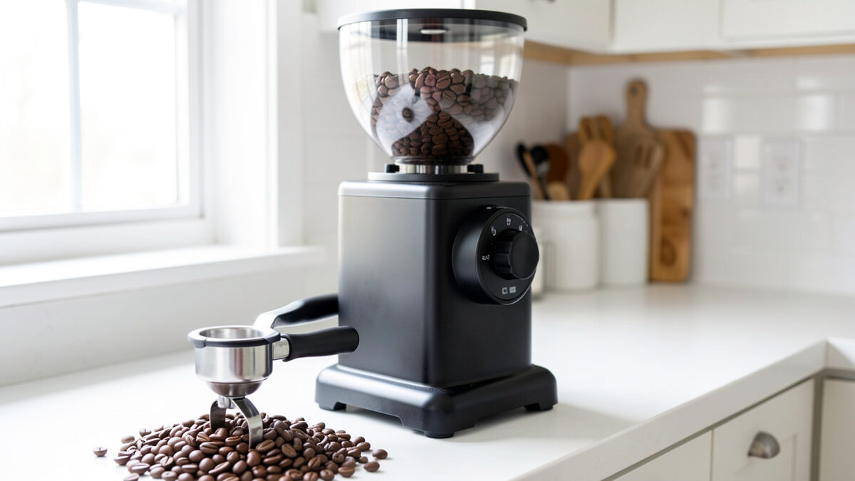 Sub-300-dollar entry espresso grinder with conical steel burrs dosing into a portafilter on a home counter