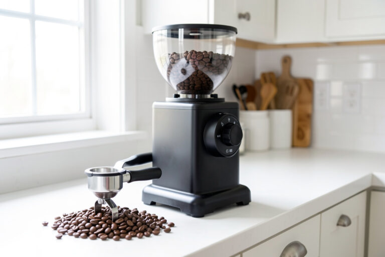 Sub-300-dollar entry espresso grinder with conical steel burrs dosing into a portafilter on a home counter