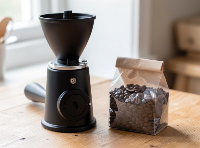 A compact entry-level espresso grinder on a home counter beside a portafilter and a small bag of coffee beans