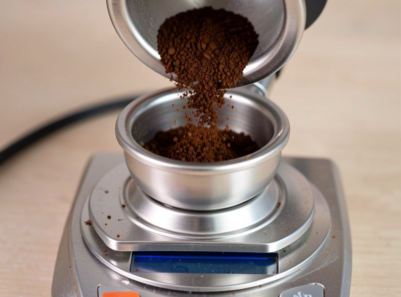 Close-up of coffee grounds falling from an espresso grinder chute into a portafilter on a scale