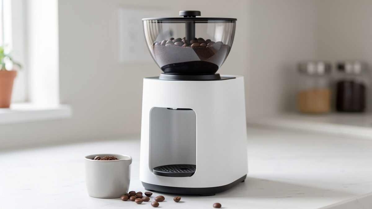 Single-dose espresso grinder with a bellows clearing retention beside a 0.1-gram scale and weighed bean dose