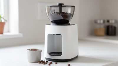 Single-dose espresso grinder with a bellows clearing retention beside a 0.1-gram scale and weighed bean dose