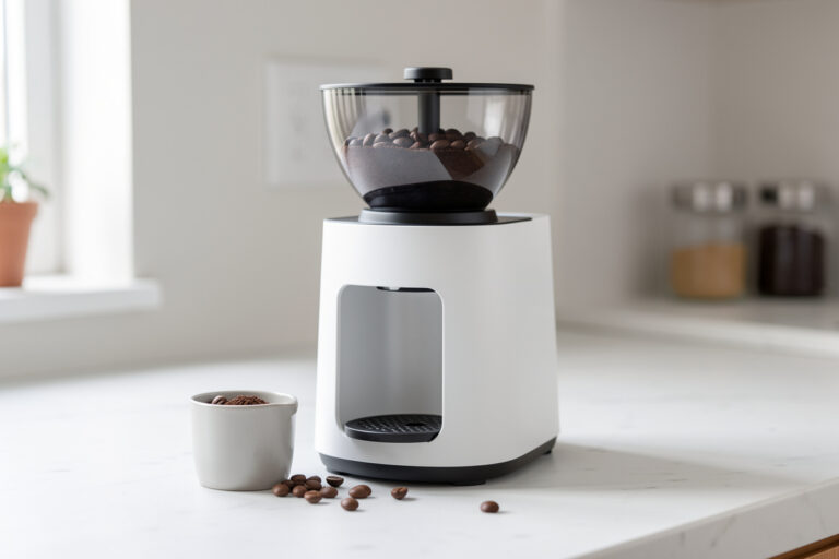 Single-dose espresso grinder with a bellows clearing retention beside a 0.1-gram scale and weighed bean dose