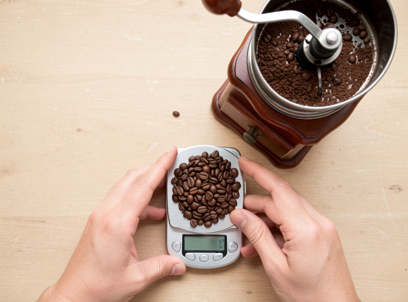 A barista weighing a single dose of coffee beans on a small scale before grinding espresso