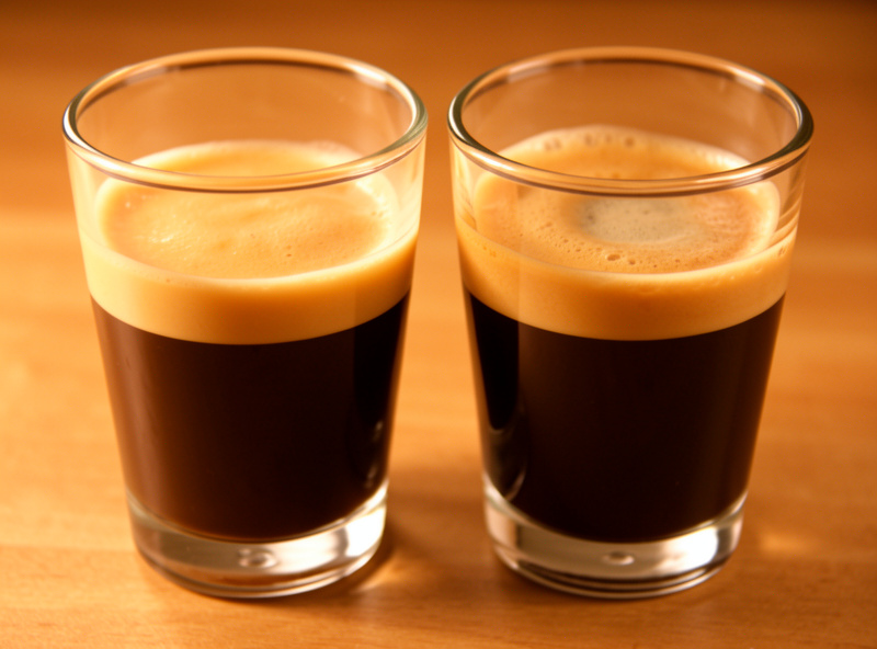 Two espresso shots side by side in clear glasses showing different crema textures from flat and conical grinders