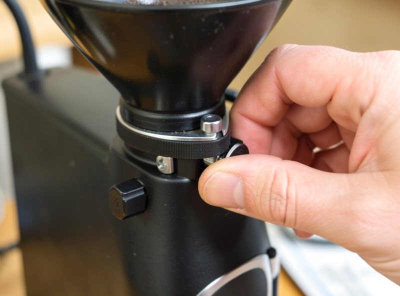 A grinder being adjusted by hand showing the burr alignment and adjustment collar, emphasising that build quality matters more than burr shape