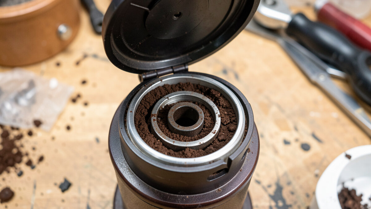 Grinder bellows clearing retained grounds from a single-dose grinder chamber next to a 0.1-gram scale