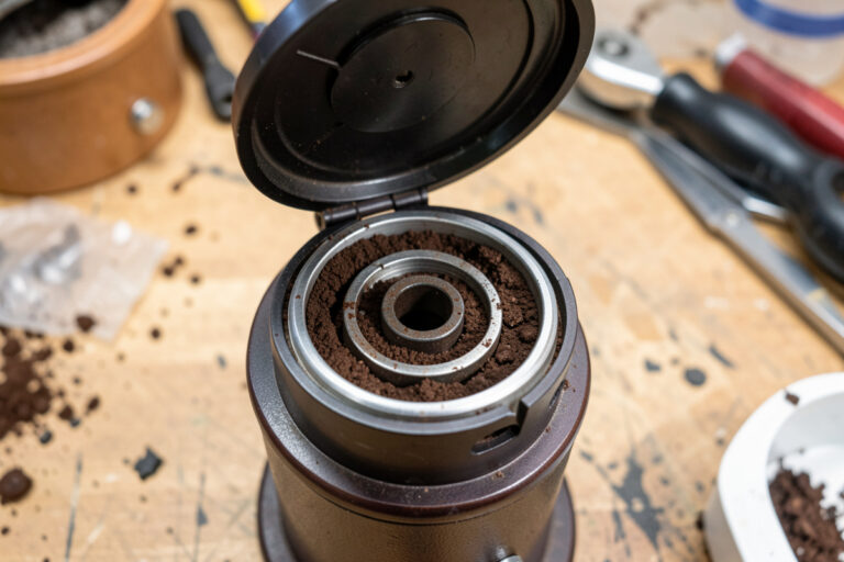 Grinder bellows clearing retained grounds from a single-dose grinder chamber next to a 0.1-gram scale