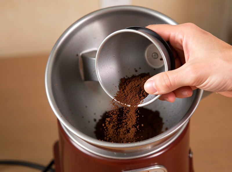 A hand using a bellows to blow residual coffee grounds out of an espresso grinder chute