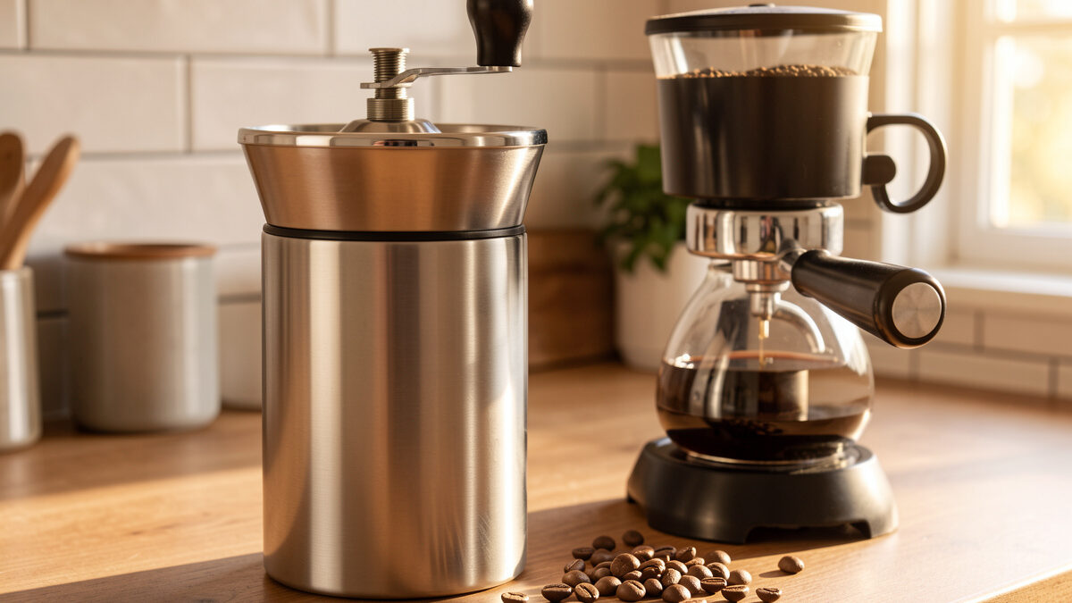 Hand grinder being cranked for an espresso dose, braced against the counter, beside a loaded portafilter