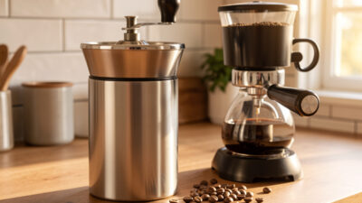 Hand grinder being cranked for an espresso dose, braced against the counter, beside a loaded portafilter