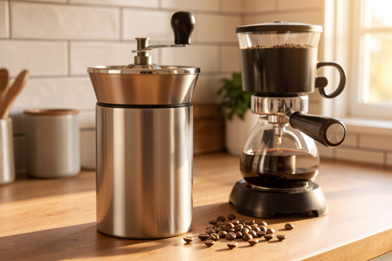 Hand grinder being cranked for an espresso dose, braced against the counter, beside a loaded portafilter