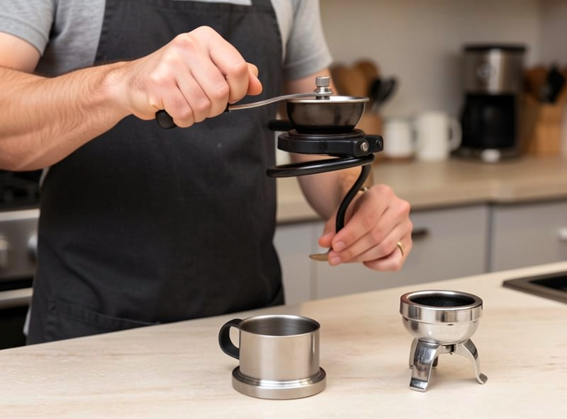 A premium hand coffee grinder being held and cranked next to an espresso portafilter on a counter