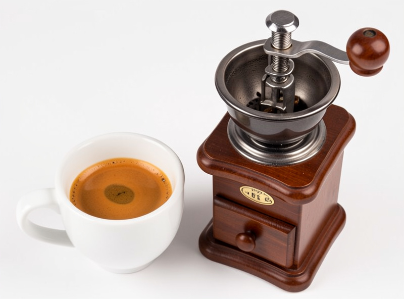 A finished espresso shot beside a hand grinder, showing that hand grinding produces café-quality results