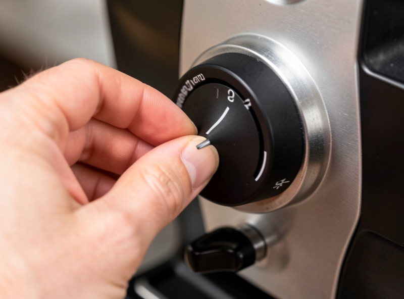 A hand turning a stepless grind adjustment dial on an espresso grinder, showing the smooth continuous adjustment