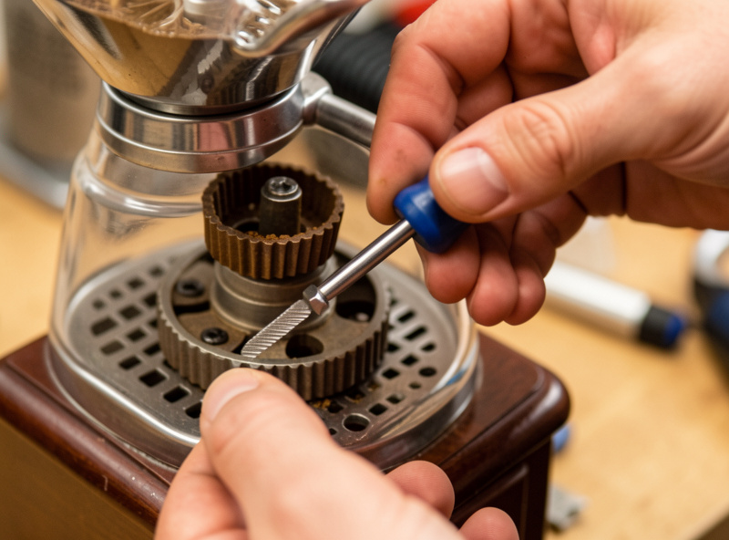 Hands fitting a new burr set into an espresso grinder during a burr replacement