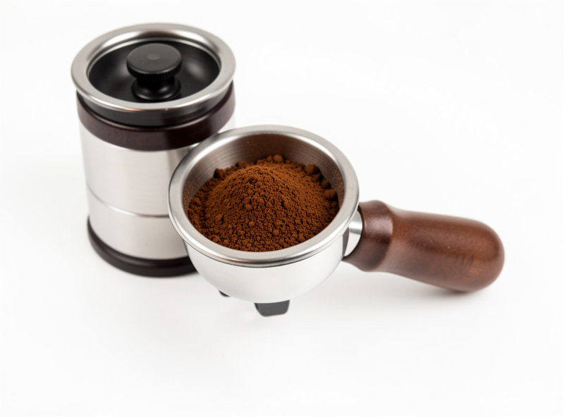 A freshly ground, even coffee dose from a grinder with new burrs next to a bottomless portafilter