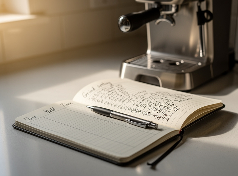 Side-by-side espresso shot log notebook with dose, yield, time and grind settings recorded for repeatable dial-in