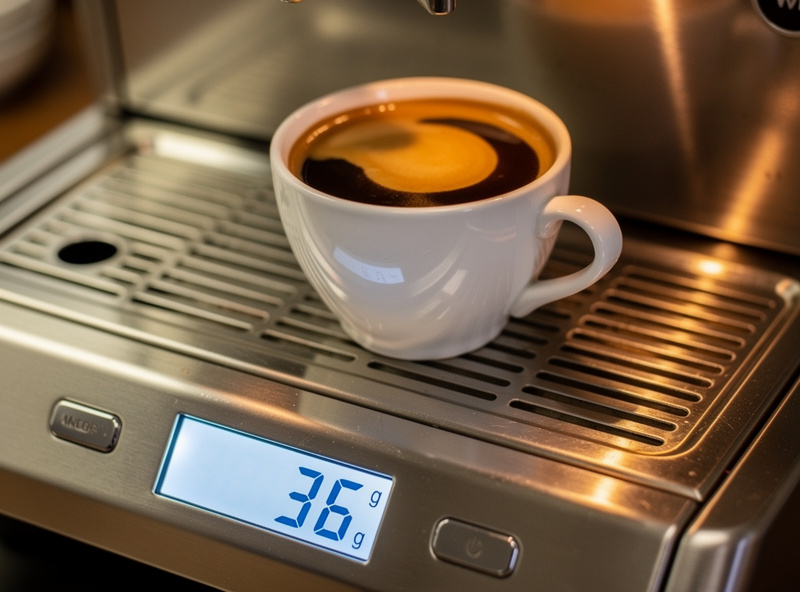 Digital scale under an espresso cup reading 36 grams from an 18 gram dose, illustrating a 1 to 2 espresso ratio