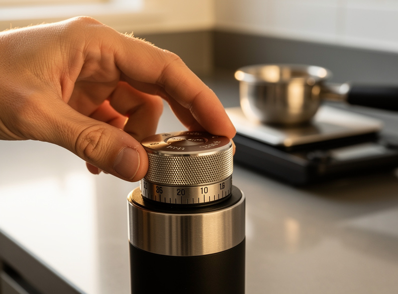 Hand adjusting a single-dose espresso grinder dial during a dial-in session, scale and portafilter on the counter
