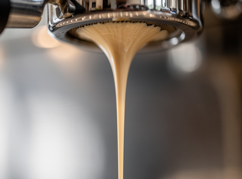 A pale, fast-pouring espresso shot from a bottomless portafilter indicating under-extraction and a sour taste
