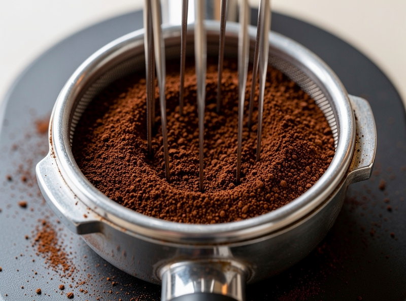A WDT distribution tool stirring espresso grounds in a portafilter basket to prevent channeling and sourness