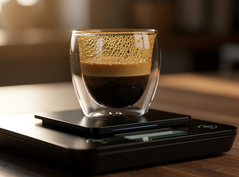 A balanced espresso shot with even golden crema in a cup on a scale, the target after fixing a sour shot