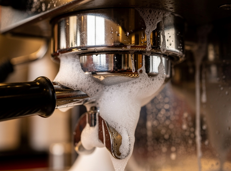 Backflushing an espresso machine with a blind basket and cleaning detergent to remove bitter stale oils