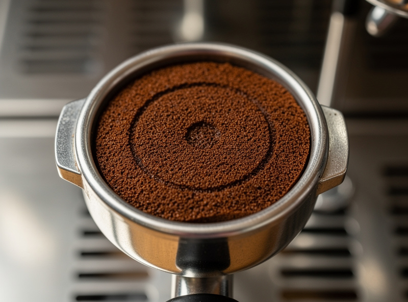 A spent espresso puck showing a light even shower-screen imprint, indicating correct dose and headspace in an 18g basket