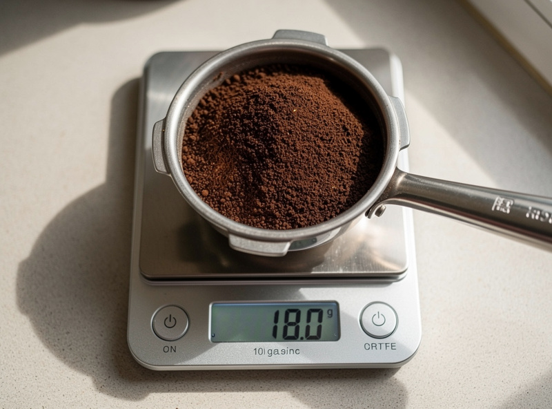 A digital scale showing 18.0 grams of ground coffee in a portafilter basket during dosing