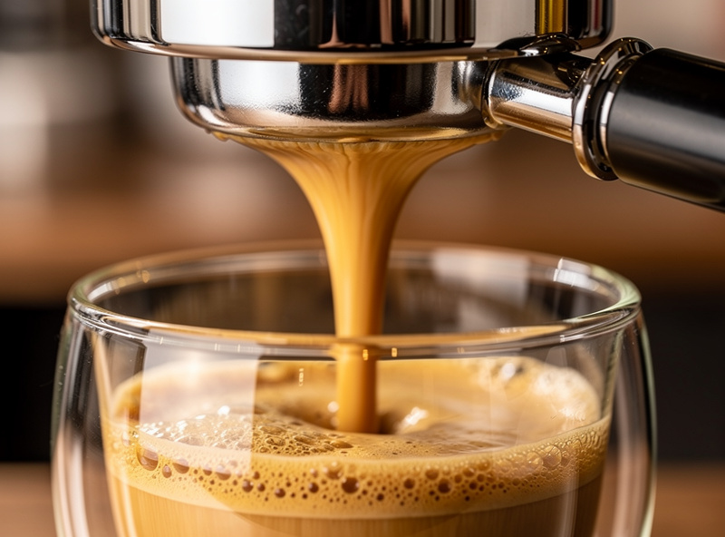 A very fast gushing espresso shot pouring quickly from a bottomless portafilter, indicating a grind that is too coarse or channeling