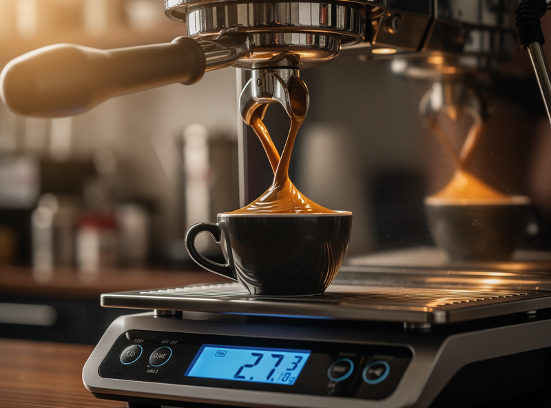 A scale and shot timer together under a bottomless portafilter pulling a clean even espresso, the proper way to read shot time