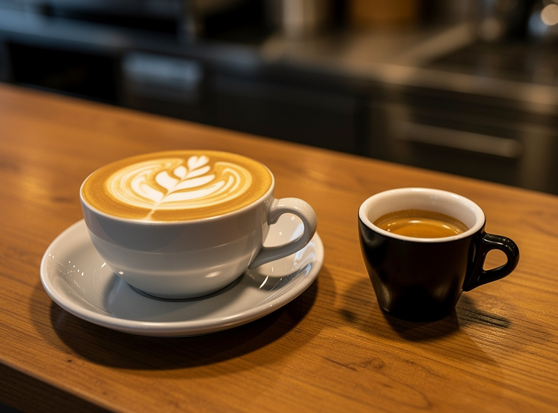 A flat white and a straight espresso side by side, illustrating how espresso yield differs by drink type