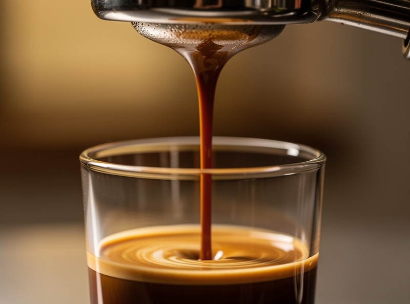 A healthy centred espresso mouse-tail stream pouring evenly from a bottomless portafilter into a glass