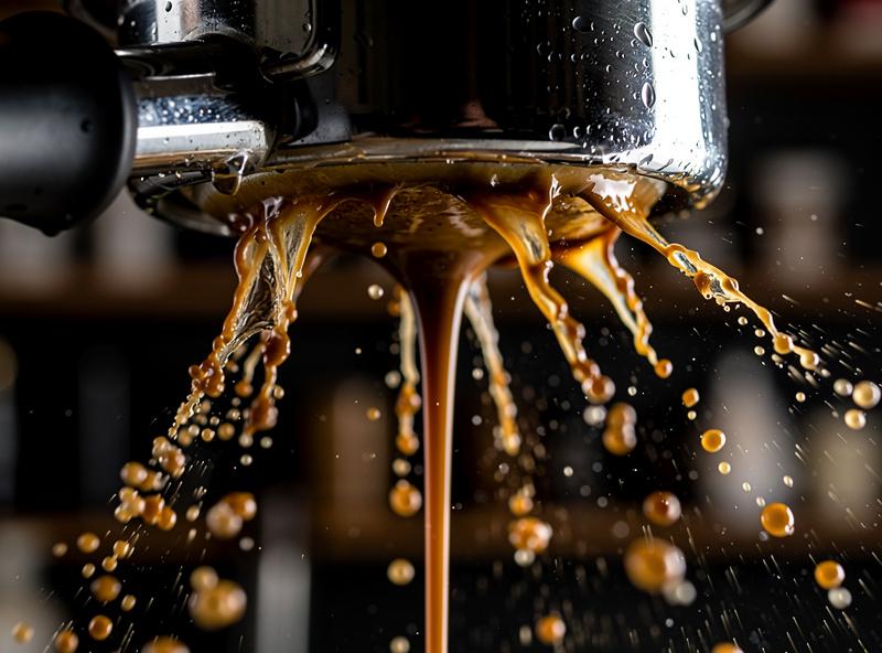 An espresso shot channeling and spraying sideways from a bottomless portafilter, indicating poor puck prep