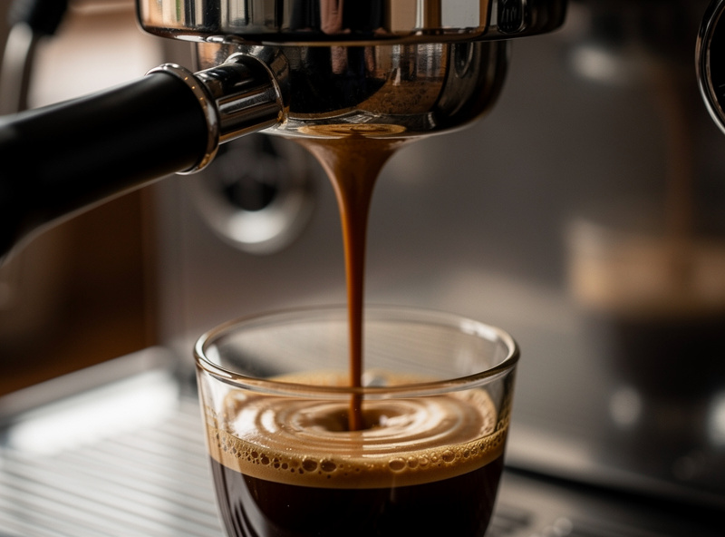 Close-up of a glossy even espresso stream tapering from a bottomless portafilter, the sign of a well-extracted shot