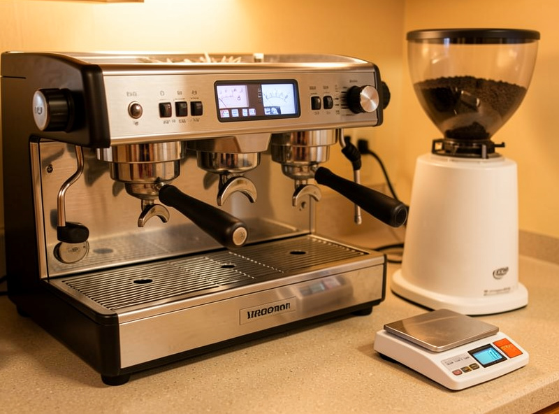Single-boiler, heat-exchanger, and dual-boiler espresso machines lined up on one kitchen counter with a grinder and 0.1g scale