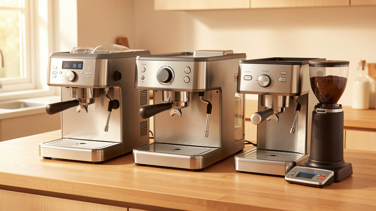 Three home espresso machines and a burr grinder lined up on one kitchen counter