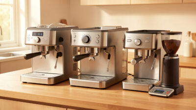 Three home espresso machines and a burr grinder lined up on one kitchen counter